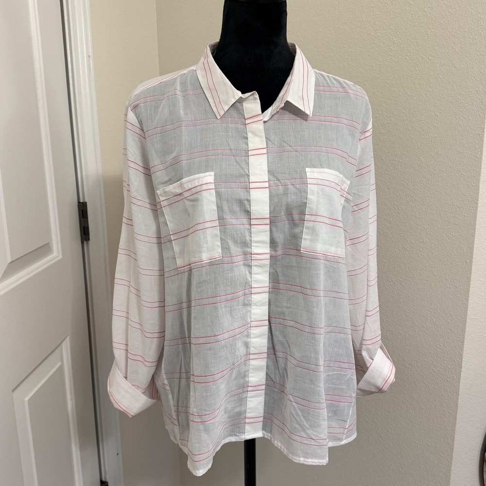 Cato Womens XL White Red Striped Cotton Button Down Shirt Long Sleeve Pocket